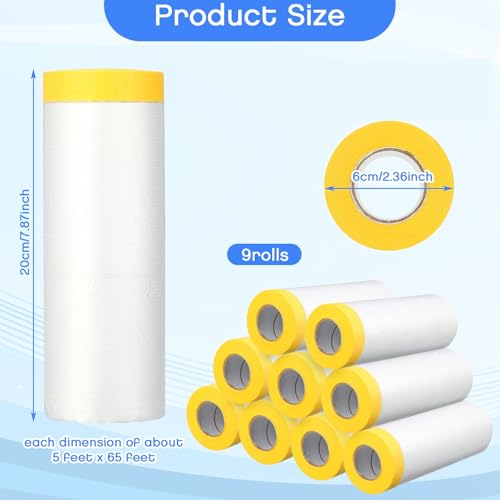 9 Roll Painters Plastic with Tape Pre Taped Masking Film for Painting Automotive Paint Adhesive Protective Film Masking Tape Roll Plastic Painting Covering (585 Foot)