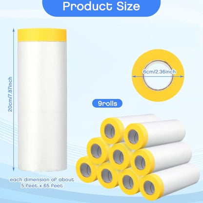 9 Roll Painters Plastic with Tape Pre Taped Masking Film for Painting Automotive Paint Adhesive Protective Film Masking Tape Roll Plastic Painting Covering (585 Foot)