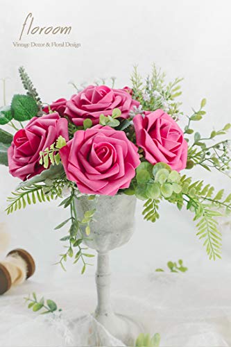 Artificial Flowers 50pcs Real Looking Hot Pink Foam Fake Roses with Stems for DIY Wedding Bouquets Baby Shower Centerpieces Floral Arrangements Party Tables Home Decorations (50 Count)