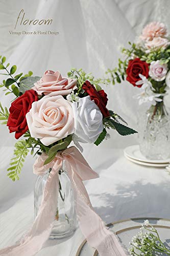Artificial Flowers 25pcs Real Looking Dark Red Ombre Colors Foam Fake Roses with Stems for DIY Wedding Bouquets Bridal Shower Centerpieces Floral Arrangements Party Tables Home Decorations (25 Count)