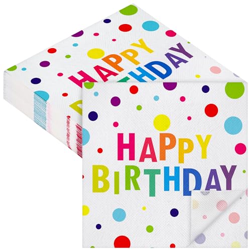 48 Pieces Happy Birthday Paper Napkins Disposable Rainbow Napkins Colorful Cocktail Dinner Napkin Set 13" x 13" Unfolded Tableware Napkin for Rainbow Party Supplies Birthday Party Decoration (48 Count)