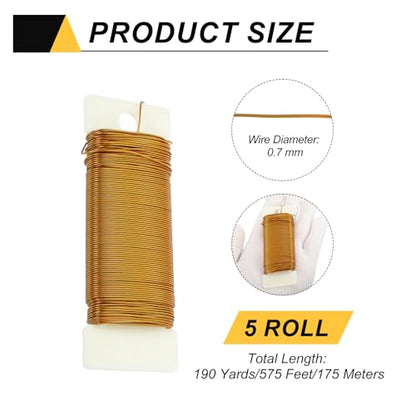 190 Yards 575 Feet Metal Floral Wire 21 Gauge Gold Tone Flexible Paddle Thin Floral Wires for Craft (5 Count)