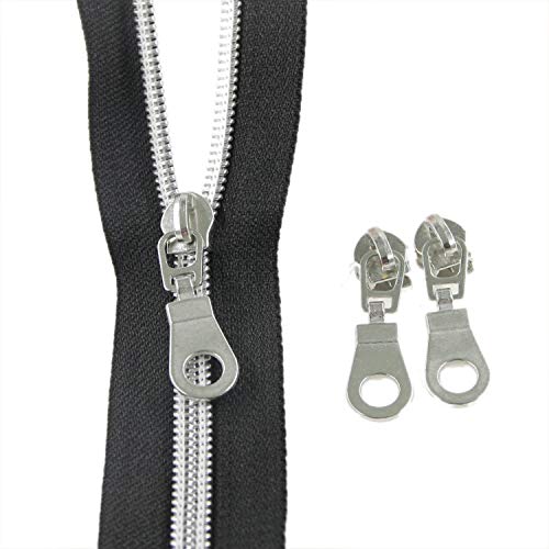 5 Silver Metallic Nylon Coil Zippers by The Yard Bulk 10 Yards Black Tape with 25pcs Silver Sliders for DIY Sewing Tailor Craft Bag
