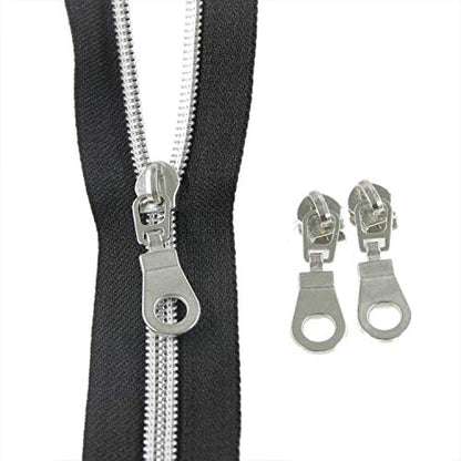 5 Silver Metallic Nylon Coil Zippers by The Yard Bulk 10 Yards Black Tape with 25pcs Silver Sliders for DIY Sewing Tailor Craft Bag