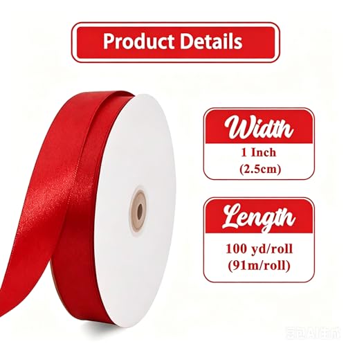 1 Inch x 100yds Red Satin Ribbon for Christmas Craft Gifts Wrapping (300 Foot)