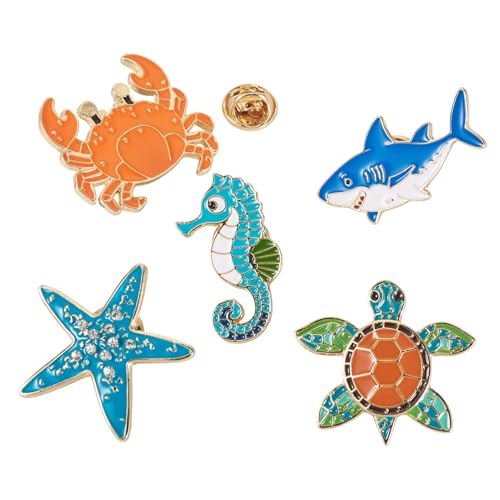 Beadthoven 5pcs Sea Life Badge Brooch Pins Fashion Metal Enamel Lapel Pin Backpack Clothes Fashion Jewelry Gift Cute Cartoon Ocean Sea Animals Pins for for DIY Backpacks Bags Jackets Hat Decoration (5 Count)