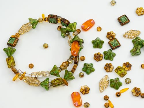 1.4oz (40g) Limited Mix of Czech Glass Beads, Hand Made Set Kit, Green Petunia Beads Orange Table Cut Beads