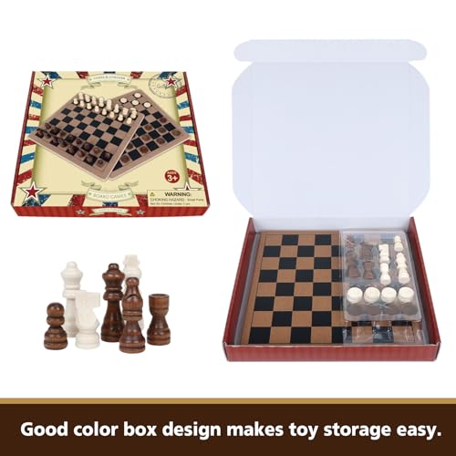 Wooden 2-in-1 Chess and Checker Board Game Set, Classic Game for Kids and Adults, 11 inches Chess Board Set, Perfect for Travel and Family Fun