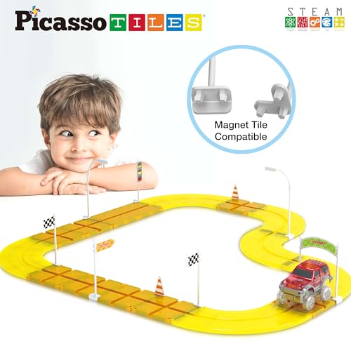 Magnet Tile Compatible Building Race Track Kit Traffic Sign Accessory Stabilizers with Sticker Set STEM Educational Magnets Toddler Racecourse Structure Blocks Add On Ages 3+ PTR01 (18 Count)