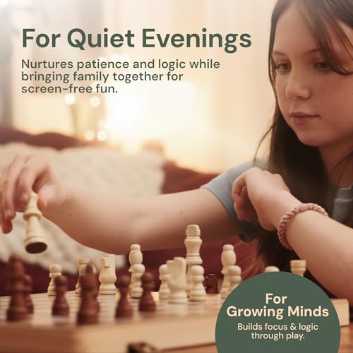 Wooden Chess Set 15'' & Checkers Board Games for All Players with 2 Extra Queens