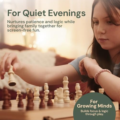 Wooden Chess Set 15'' & Checkers Board Games for All Players with 2 Extra Queens