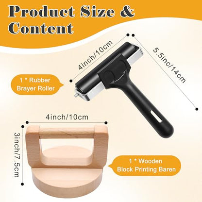1+1 Pcs Wooden Block Printing Baren with Rubber Brayer Roller
