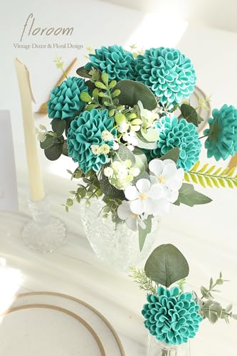 Artificial Dahlia Flowers 25pcs Real Looking Teal Green Foam Fake Roses with Stems for DIY Wedding Bouquets Bridal Shower Centerpieces Floral Arrangements Party Tables Home Decoration (25 Count)