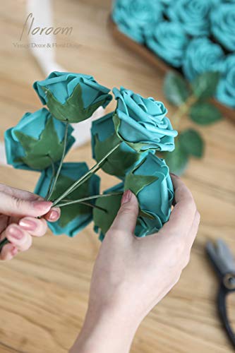 Artificial Flowers 50pcs Real Looking Teal Green Foam Fake Roses with Stems for DIY Wedding Bouquets Bridal Shower Centerpieces Floral Arrangements Party Tables Home Decorations (50 Count)
