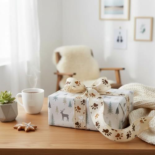 Ivory Canvas Dog Paw Wired Ribbon 1.5 Inch x 10 Yards for Christmas Home Decor Tree Topper Bow Gift Wrapping DIY Crafts Wreath Garland (30 Foot)