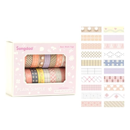 20 Rolls Basic Washi Tape Set Japanese Arts Adhesive Tapes Simple Patterns Decorative Masking Tape Sets for Craft (20 Count)