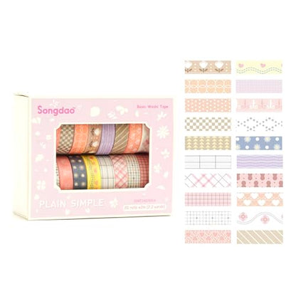 20 Rolls Basic Washi Tape Set Japanese Arts Adhesive Tapes Simple Patterns Decorative Masking Tape Sets for Craft (20 Count)