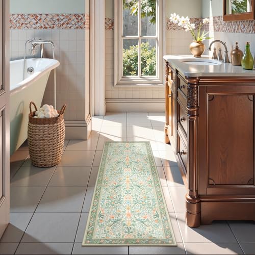 Boho Floral Washable Bathroom Runner Rugs 24 x 60 Non Slip (120 Sq Ft)