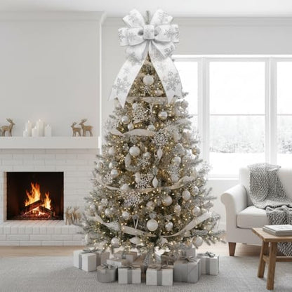 White Satin with Silver Snowflake Wired Ribbon 2.5 Inch x 10 Yards for Christmas Home Decor Tree Topper Bow Gift Wrapping DIY Crafts Wreath Garland (30 Foot)