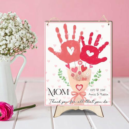 Mom Pink Floral Bouquet DIY Baby Handprints Art Craft Handprint Making Sign
