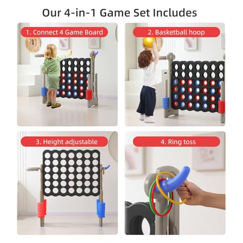 Jumbo 4-in-a-Row Game Set, Height Adjustable Indoor Outdoor Yard Game with Basketball Hoop, Ring Toss & Carrying Bag, Family Party Lawn Game for Kids and Adults (Grey & Black)