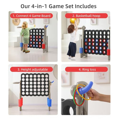 Jumbo 4-in-a-Row Game Set, Height Adjustable Indoor Outdoor Yard Game with Basketball Hoop, Ring Toss & Carrying Bag, Family Party Lawn Game for Kids and Adults (Grey & Black)