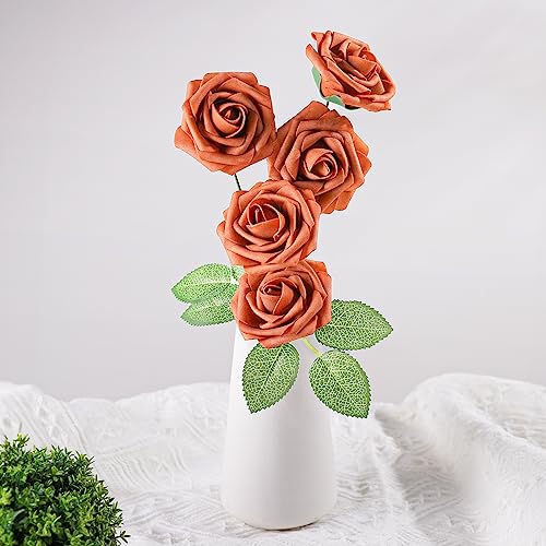 Burnt Orange Rose 25pcs Real Looking Artificial Flowers w (25 Count)