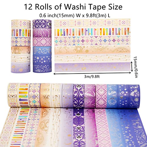 12 Rolls Galaxy Washi Tape Set Bronzing Starry Night Decorative Masking Tape for Scrapbooking (12 Count)