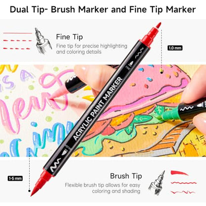 60 Colors Brush & Fine Tip Acrylic Paint Markers (60 Count)