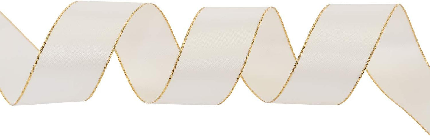 ITIsparkle 1" Inch Double Faced Satin Ribbon 25 Yards with Gold Edges, 1" X 25Yd - Ivory - Crafty Corner