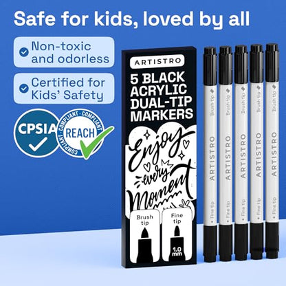 5 Black Dual Tip Acrylic Paint Marker Pens for Drawing (5 Count)
