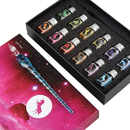 Glass Dipped Pen Ink Set Handmade Crystal Calligraphy Pen with 12 Colorful india ink for Art