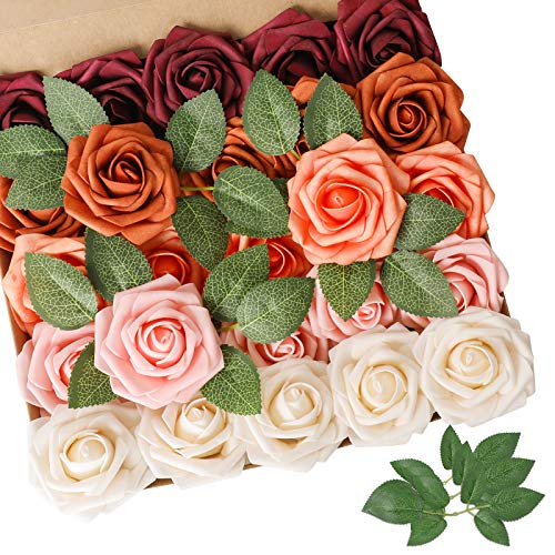 Burgundy Shades Rose 25pcs Real Looking Artificial Flowers w (25 Count)