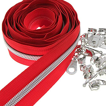 5 Silver Metallic Nylon Coil Zippers by The Yard Bulk 10 Yards Red Tape with 25pcs Silver Sliders for DIY Sewing Tailor Craft Bag