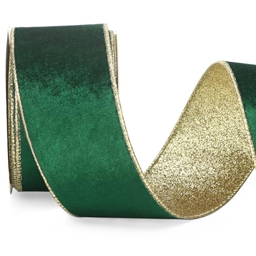 Forest Green Velvet Wired Ribbon 2.5 Inch Green Velvet with Gold Glitter Christmas Ribbon for Christmas Tree Decoration Big Bow Gift Wrapping Crafts Wreaths Supplies (30 Foot)