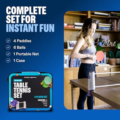Portable Ping Pong Set with Retractable Ping Pong Net for Any Table (4 Count)