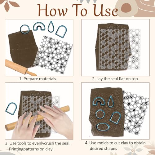 Honeycomb Pattern Polymer Clay Texture Sheet Flowers and Hexagonal Silicone Texture Mat for Polymer Clay Making Earrings Jewelry DIY Crafts 5.5 × 5.5 Inch
