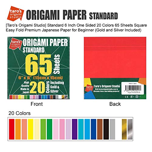 Taro's Origami Studio] Standard 6 Inch One Sided 20 Colors 65 Sheets Square Easy Fold Premium Japanese Paper for Beginner (65 Count)