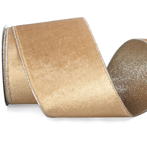 Champagne Gold Velvet Wired Ribbon 4 Inch Khaki Velvet with Champagne Glitter Christmas Ribbon for Christmas Tree Decoration Big Bow Gift Wrapping Crafts Wreaths Supplies