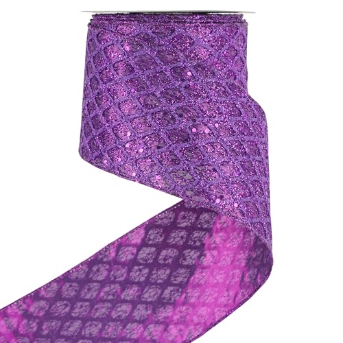 Purple Glitter Diamond Christmas Wired Ribbon 4 inch x 10 Yards (30 Foot)