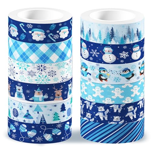 12 Pcs Christmas Washi Tape Blue Snowflake Print Masking Tape Frozen Pattern Decorative Paper Sticker for Christmas Party Holiday Scrapbook Handbook Sticker (196.8 Foot)