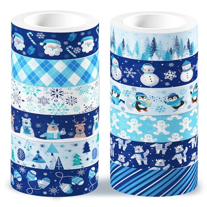 12 Pcs Christmas Washi Tape Blue Snowflake Print Masking Tape Frozen Pattern Decorative Paper Sticker for Christmas Party Holiday Scrapbook Handbook Sticker (196.8 Foot)