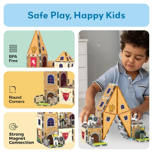 70pc Middle Age Medieval and Castle Theme Tile 2in1 8 Character Action Figures Magnet Tiles Building Block Pretend Magnetic Play Fine Motor Skill STEM Educational Construction Age3+ PTQ01