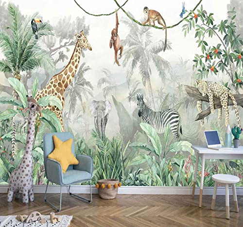 Kids Wallpaper Tropical Leves and Safari Animals (110.1 Sq Ft)