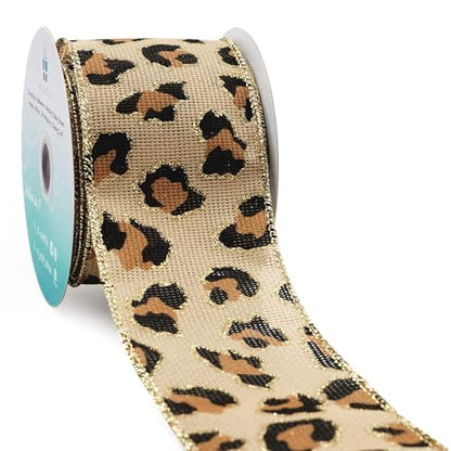 Burlap Leopard Fabric Wired Ribbon 2.5" x 10 Yards Natural with Black and Bronze Color for Christmas Home Wedding Decor Gift Wrapping Tree Topper Bow Wreath Bouquet DIY Crafts (30 Foot)