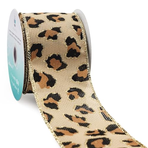 Burlap Leopard Fabric Wired Ribbon 2.5" x 10 Yards Natural with Black and Bronze Color for Christmas Home Wedding Decor Gift Wrapping Tree Topper Bow Wreath Bouquet DIY Crafts (30 Foot)