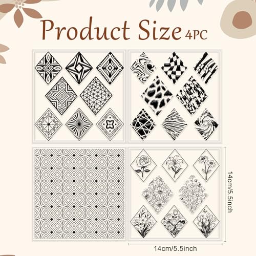 4 Pcs Rhombus Pattern Polymer Clay Texture Sheets Abstract Art Silicone Texture Stamp Rhombus Flowers Modeling Pattern Pad Sheets for Jewelry and Earrings Tools