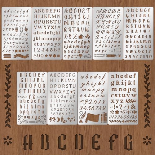 9PCS Metal Stencils Wood Burning Tool Stencil Metal Letter Stencils for Journaling Engraving Stencil for Engraving Pen Wood Carving Drawing Scrapbooking Journal Craft DIY (9 Count)