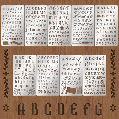 9PCS Metal Stencils Wood Burning Tool Stencil Metal Letter Stencils for Journaling Engraving Stencil for Engraving Pen Wood Carving Drawing Scrapbooking Journal Craft DIY (9 Count)