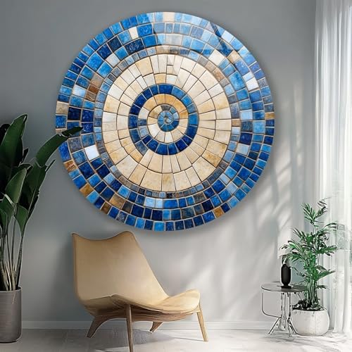 31.5''(80cm) Diameter Coastal Sunburst Beige & Blue Round Glass Wall Art Tempered Glass Printing Wall Decor Large Wall Art Wall Hangings